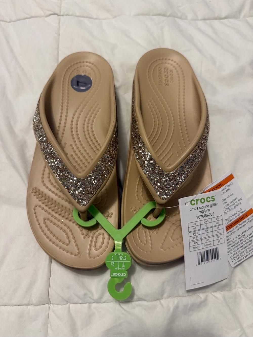 NWT Crocs Women’s Beige Glitter Flip Flop Sandals SZ 7
